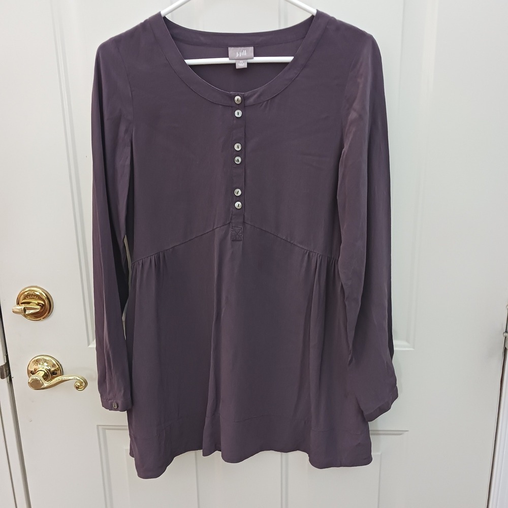J. Jill Women Dark Purple 100% Silk Empire Waist Button Front Tunic Top XS